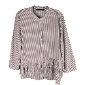 Zara white brown striped ruffle coastal 3/4 sleeves button front shirt large